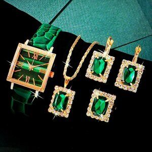 Watch Ring Earrings Necklace Pendant Set Emerald Green Womens Jewelry Irish Gift